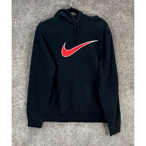 Vintage Nike Hoodie Mens Medium Black Big Center Swoosh Pullover Sweatshirt 80's